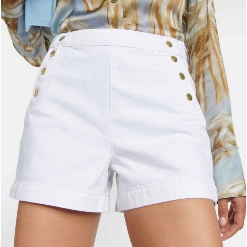 Frame Denim White High-Waist Sailor Shorts with Gold Buttons